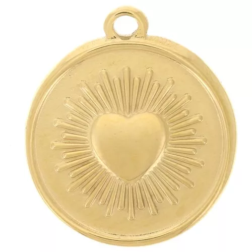 18 mm Round Pendant - Heart Pattern - Gold-Plated 304 Stainless Steel x1