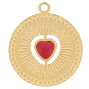 13mm round charm - heart pattern with epoxy resin - 304 Gold stainless steel - Red|raw }}