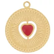 13mm round charm - heart pattern with epoxy resin - 304 Gold stainless steel - Red