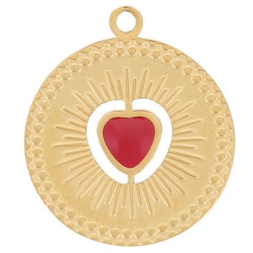 13mm round charm - heart pattern with epoxy resin - 304 Gold stainless steel - Red