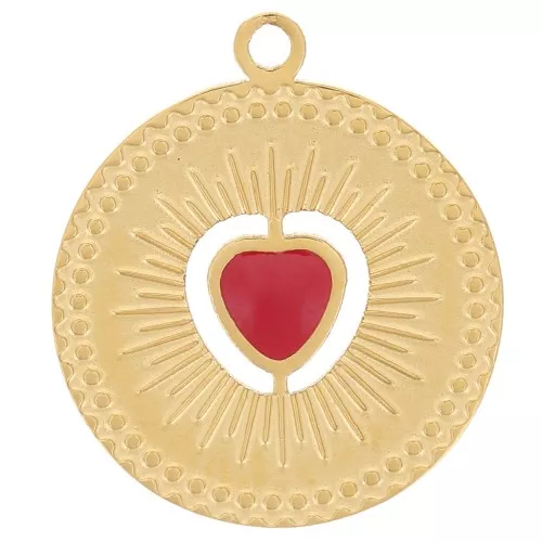 13mm round charm - heart pattern with epoxy resin - 304 Gold stainless steel - Red