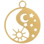 14mm Yin et Yang round charm - moon & sun - 316L stainless steel, gold-plated x1