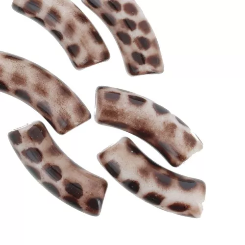Curved tube beads 35x11 mm in opaque acrylic - Spotted Leopard pattern x6