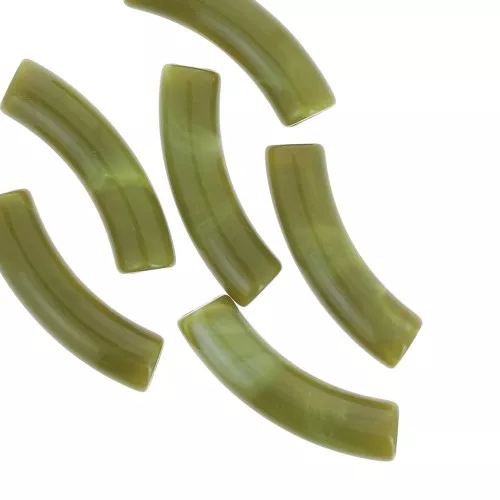 32x8 mm curved tube beads in opaque acrylic - Marbled avocado x6