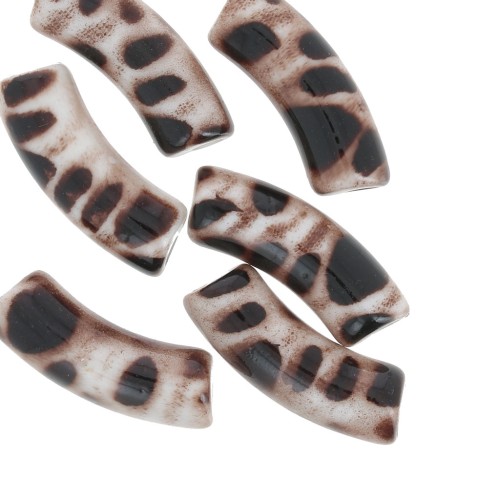 35x11mm Curved tube beads in opaque acrylic - Mottled dark brown x6
