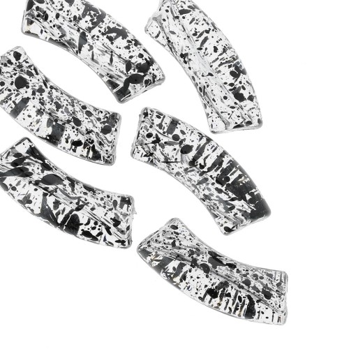 Clear acrylic 35x11 mm curved tube beads - Black speckled x6