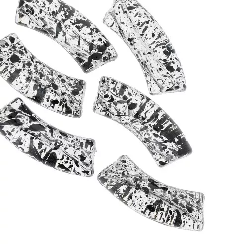 Clear acrylic 35x11 mm curved tube beads - Black speckled x6