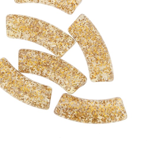 35x11mm Clear acrylic curved tube beads - Gold glitter x6