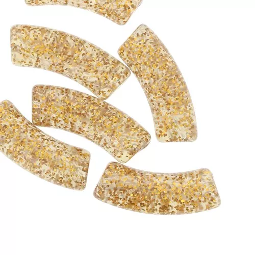 35x11mm Clear acrylic curved tube beads - Gold glitter x6