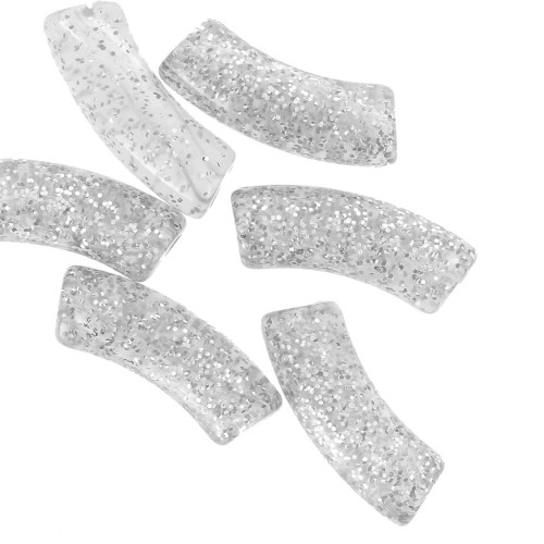 35x11mm Clear acrylic curved tube beads - Silver glitter x6