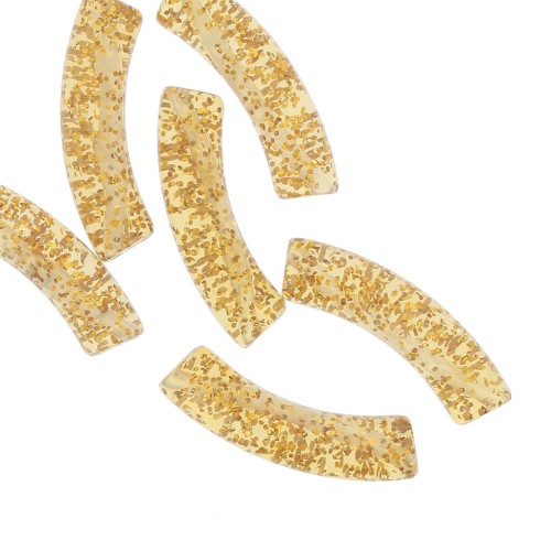 32x8 mm curved tube beads in transparent acrylic - Gold glitter x6