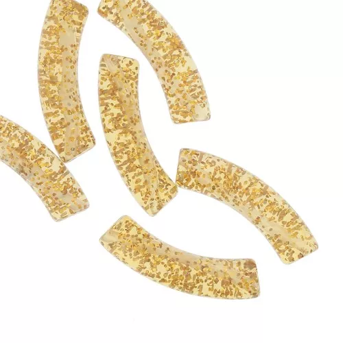 32x8 mm curved tube beads in transparent acrylic - Gold glitter x6