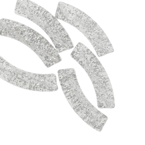 32x8 mm curved tube beads in transparent acrylic - Silver glitter x6