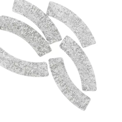 32x8 mm curved tube beads in transparent acrylic - Silver glitter x6