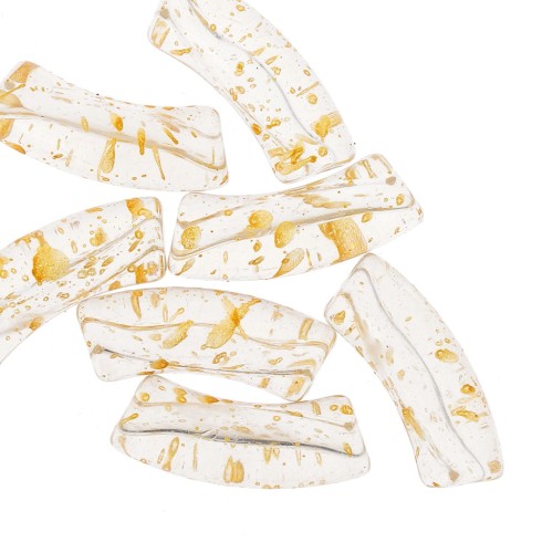 Curved tube beads 35x11 mm in clear acrylic - Gold speckled x6