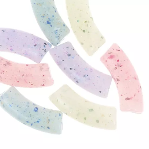 Curved tube beads 35x11 mm in translucent acrylic - Multicolored glitter x6