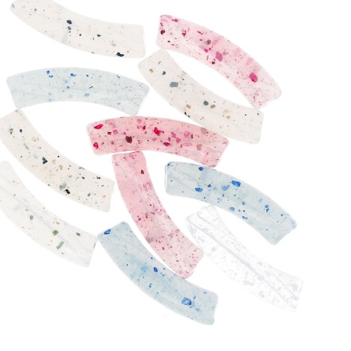 Clear acrylic 32x8 mm curved tube beads - Multicolored glitter x6