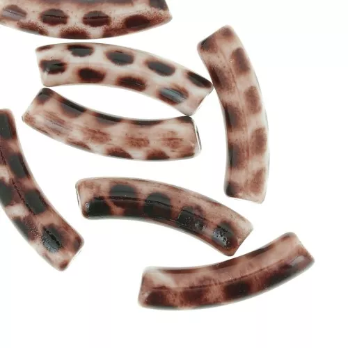 32x8 mm curved tube beads in opaque acrylic - Leopard beige - dark brown x6