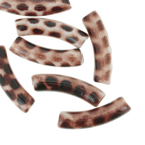 32x8mm Curved tube beads in opaque acrylic - Leopard beige - dark brown x6