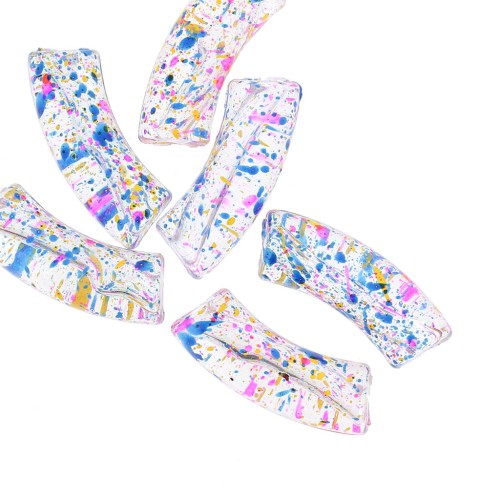 Clear acrylic 35x11 mm curved tube beads - Mottled Blue - Yellow x6