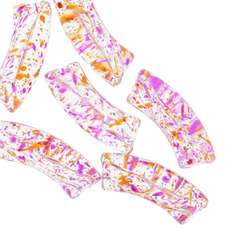 Clear acrylic 35x11 mm curved tube beads - Mottled magenta x6