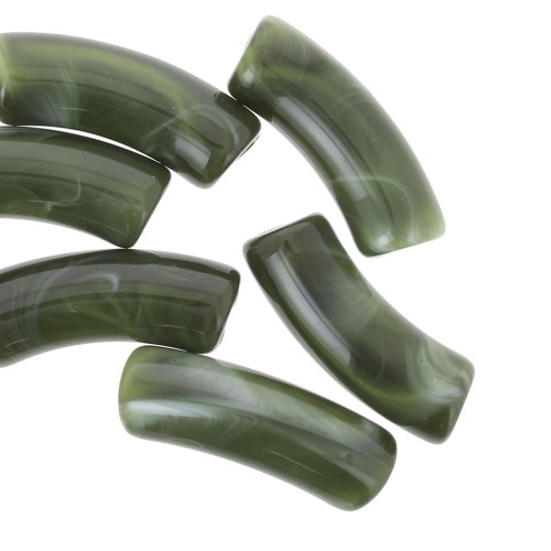 Curved tube beads 35x11 mm in transparent acrylic - Marbled Dark Green x6