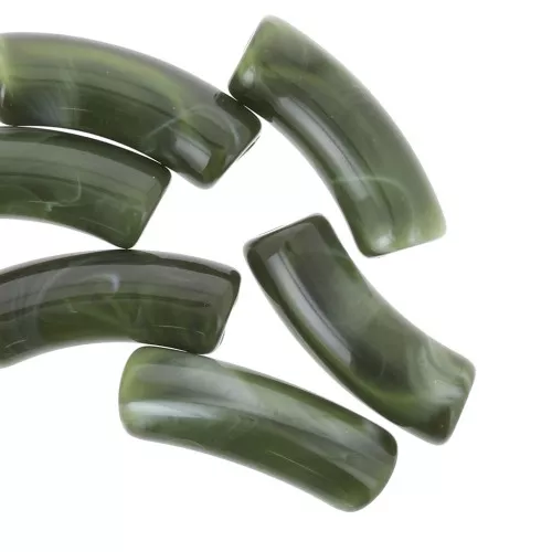 Curved tube beads 35x11 mm in transparent acrylic - Marbled Dark Green x6