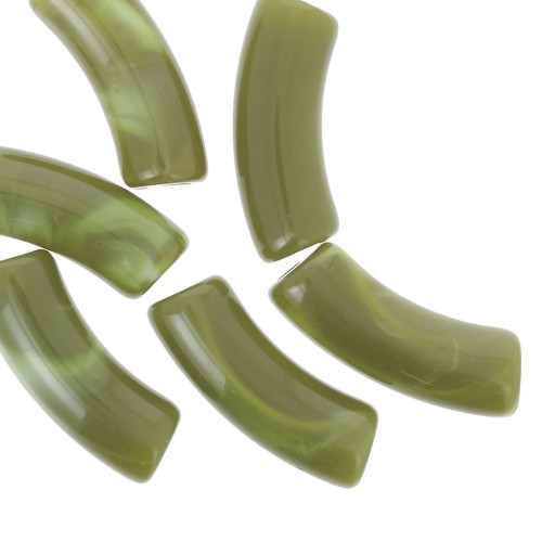 Clear acrylic 35x11 mm curved tube beads - Avocado Marble x6