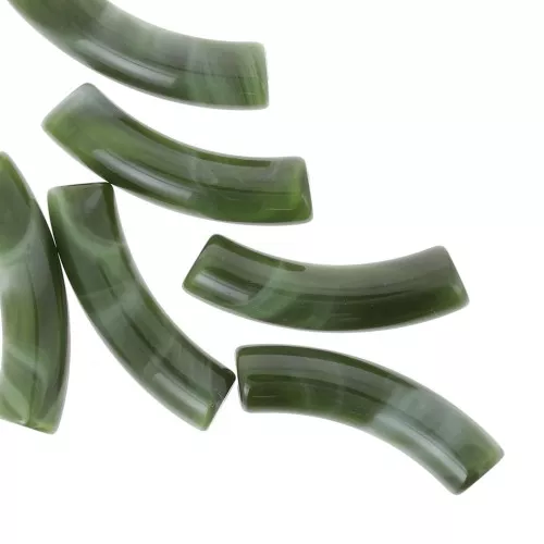 32x8 mm curved tube beads in opaque acrylic - Marbled Dark Green x6