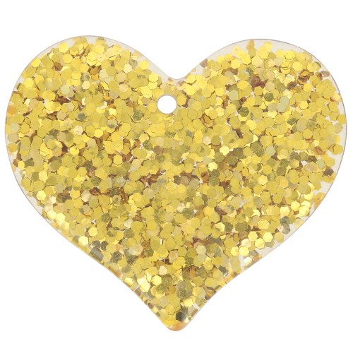 31x36mm Heart pendant in transparent resin - Gold glitter x1