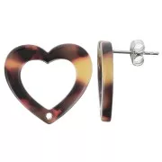 19x21mm Acetate Hollow heart earstuds - Tortoiseshell Brown - Black x2