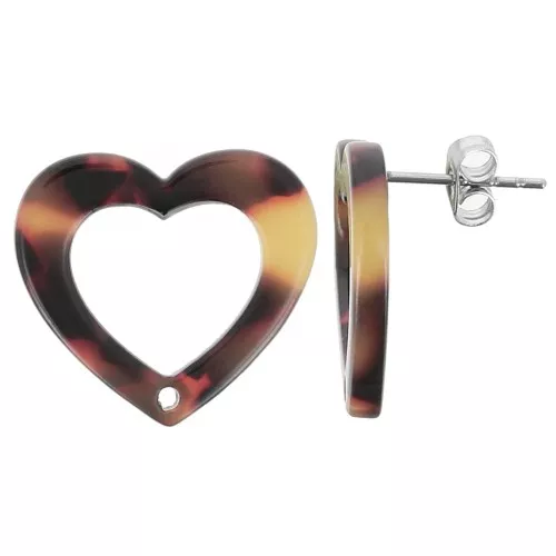 19x21mm Acetate Hollow heart earstuds - Tortoiseshell Brown - Black x2