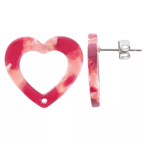 19x21mm Acetate Hollow heart earstuds - Tortoiseshell - Red x2
