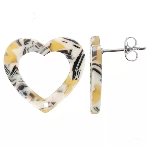 19x21mm Acetate Hollow heart earstuds - Tortoiseshell - Ochre x2