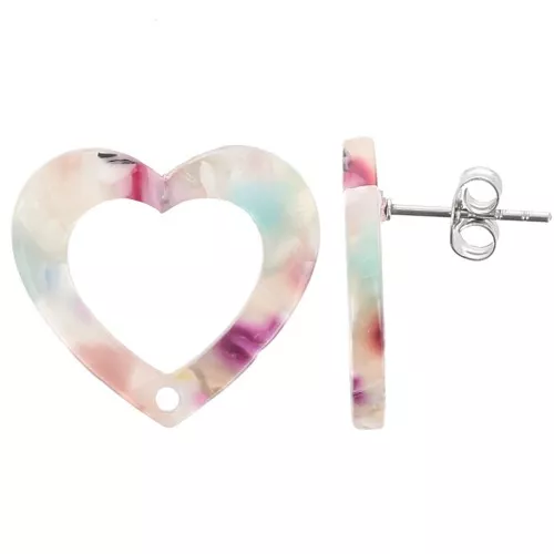 19x21mm Acetate Hollow heart earstuds - Tortoiseshell Multicolor x2