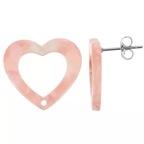 19x21mm Acetate Hollow heart earstuds - Tortoiseshell Salmon White Pearl x2