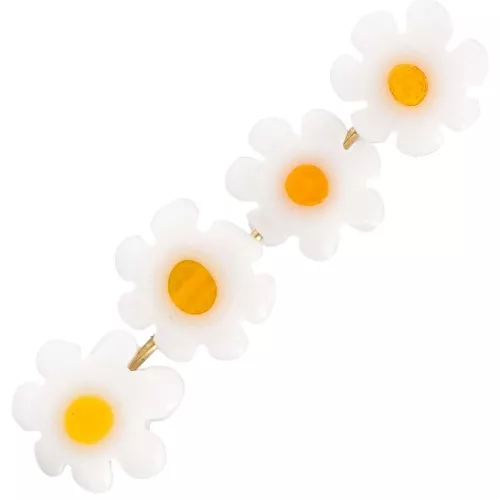 9-7mm Glass daisy flower beads - White - Orange yellow x4