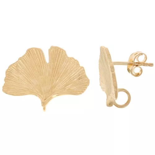 15x22mm Ginkgo leaf earstuds with open ring - 3 microns Gold-plated x2