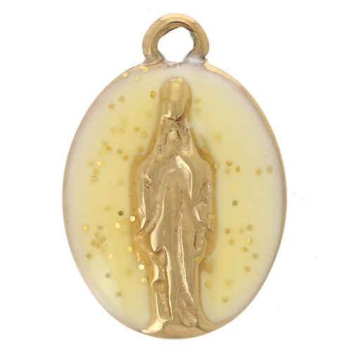 Oval charm 14.5x10mm religious pattern 304L stainless steel Gold Yellow glitter x1