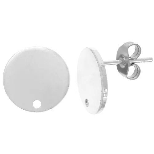 12mm Disc Earstuds with one hole - Silver Tone x2