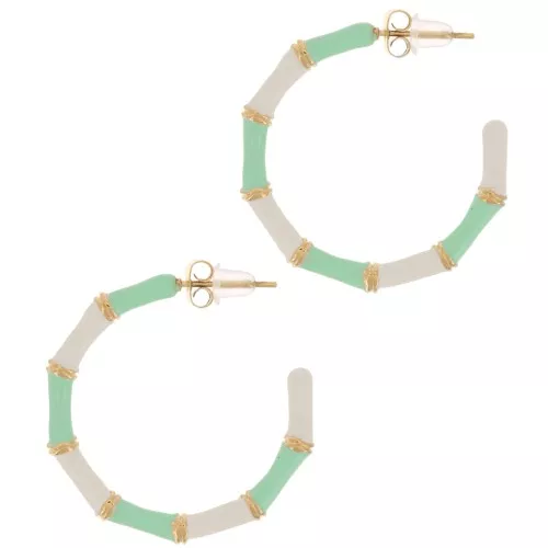 30mm Stainless Steel 316L bamboo effect epoxy resin hoop earrings - Gold - Mint x2
