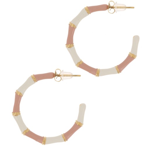 30mm Stainless Steel 316L bamboo effect epoxy resin hoop earrings - Gold - Pink x2