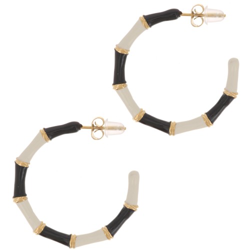 30mm Stainless Steel 316L bamboo effect epoxy resin hoop earrings - Gold Black x2