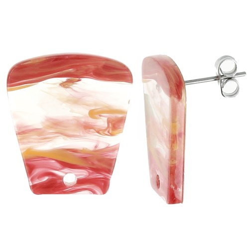 21x18mm Clear acrylic trapeze earstuds - Marbled Orange Red x2
