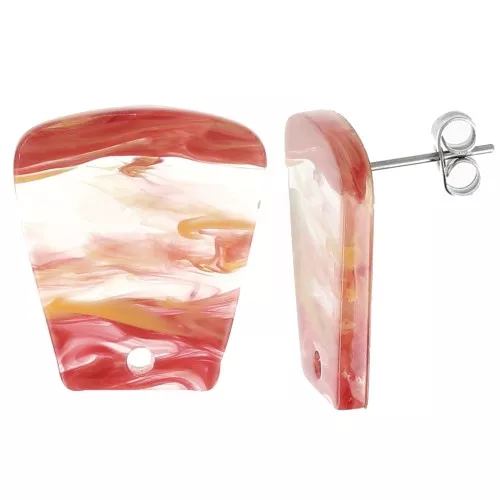21x18mm Clear acrylic trapeze earstuds - Marbled Orange Red x2