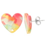 14x15.5mm acrylic heart earstuds - Tortoiseshell Red - Blue x2