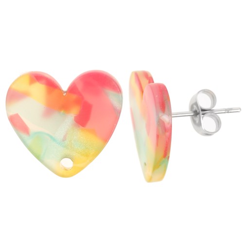14x15.5mm acrylic heart earstuds - Tortoiseshell Red - Blue x2