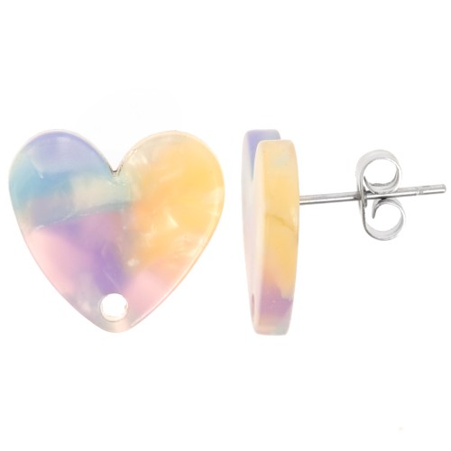 14x15.5mm acetate heart earstuds - Tortoiseshell Blue - Pink x2