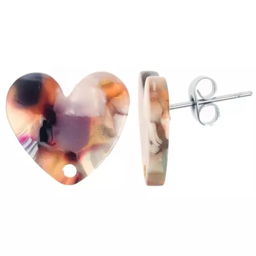 14x15.5mm acetate heart earstuds - Tortoiseshell Multicolor x2