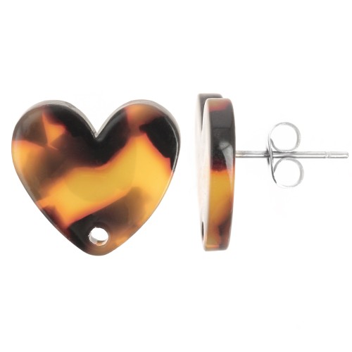 14x15.5mm acetate heart earstuds - Tortoiseshell - Brown Black x2